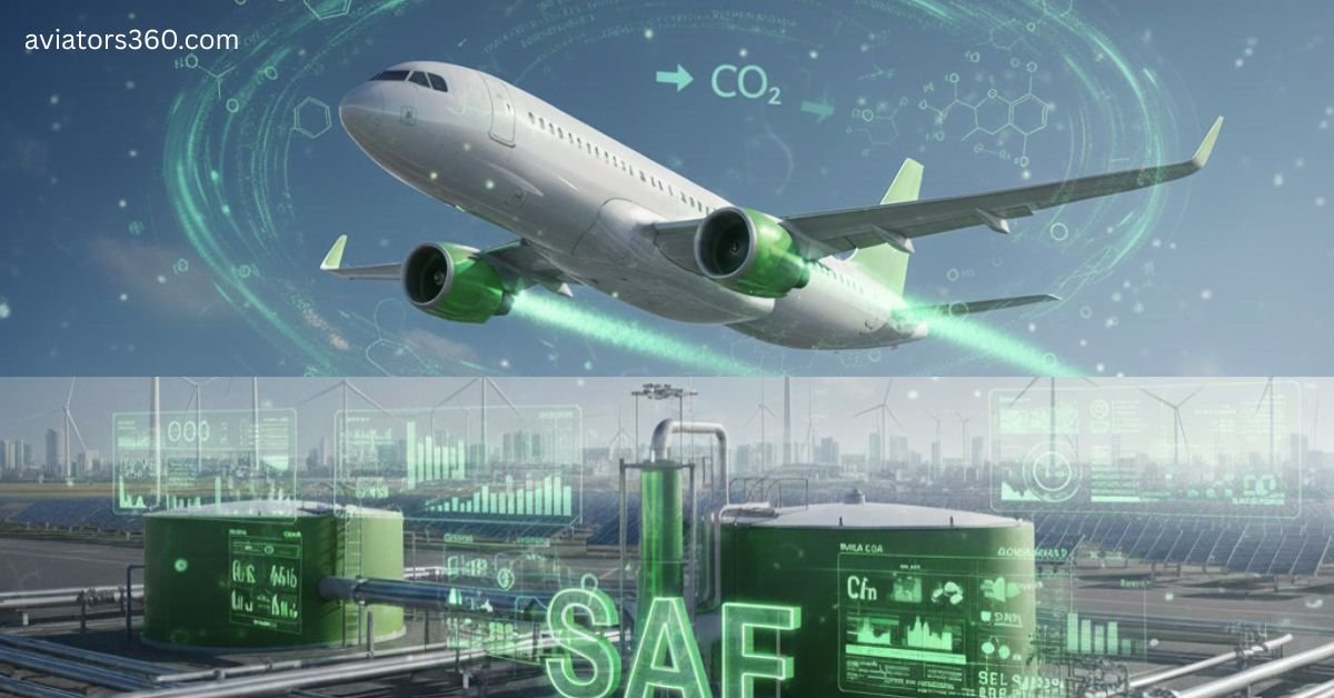 A next-generation aircraft fueled by Sustainable Aviation Fuel (SAF) takes flight as green energy infrastructure, carbon-reduction data, and clean-fuel reserves signal aviation’s decisive shift toward net-zero skies.