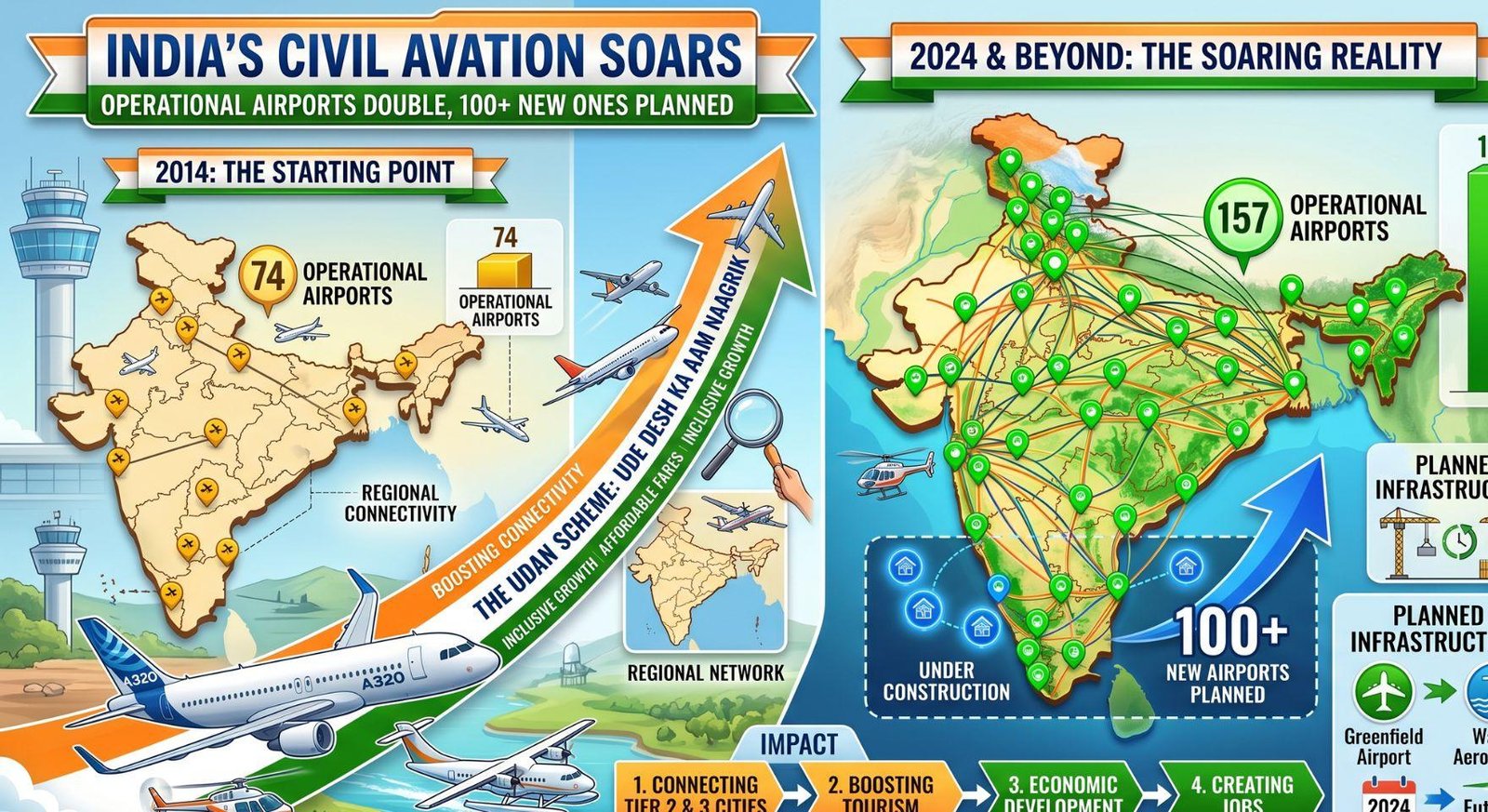 India’s Civil Aviation Soars: Operational Airports Double, 100+ New Ones Planned
