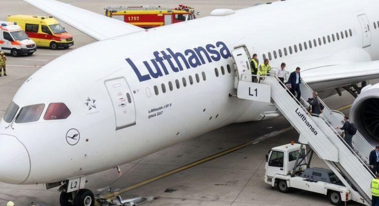 (Should feature the aircraft with collapsed nose gear or a generic Dreamliner at gate with emergency response vehicles)